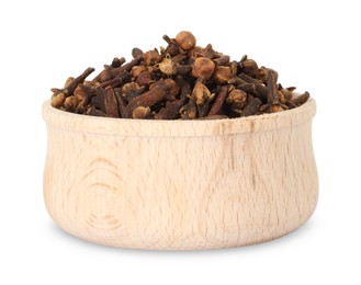 Dry clove buds in wooden bowl on white background. Aromatic spice