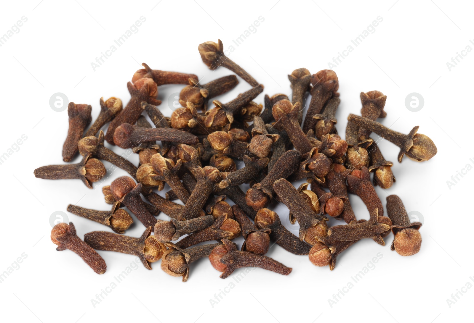 Photo of Pile of dry clove buds on white background. Aromatic spice