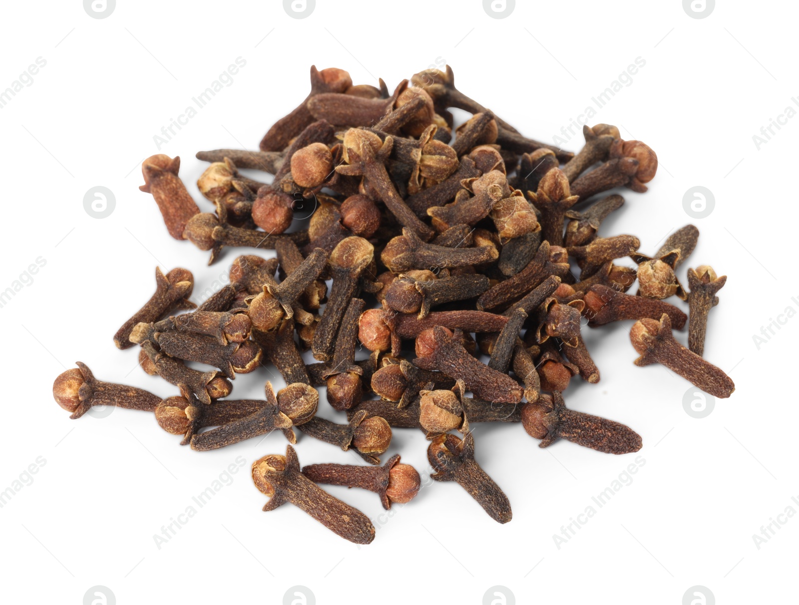 Photo of Pile of dry clove buds on white background. Aromatic spice