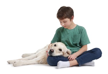 Photo of Boy with his cute dog on white background