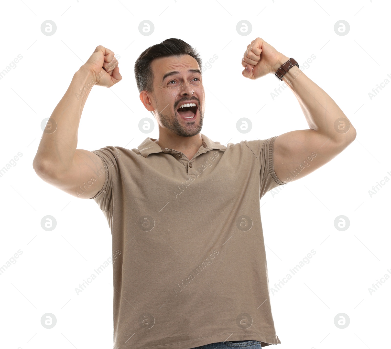 Photo of Portrait of happy winner on white background