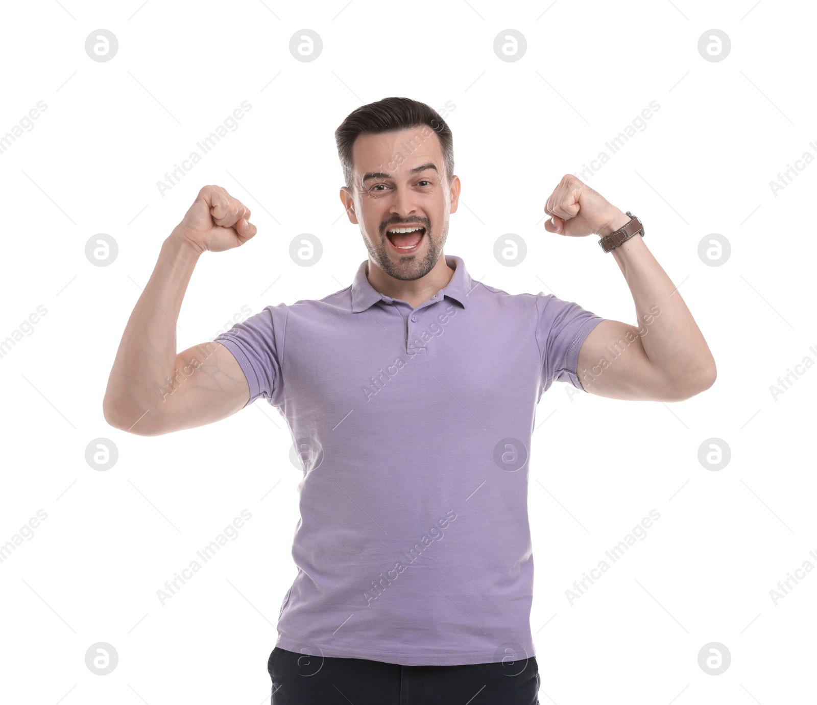 Photo of Happy winner showing his biceps on white background