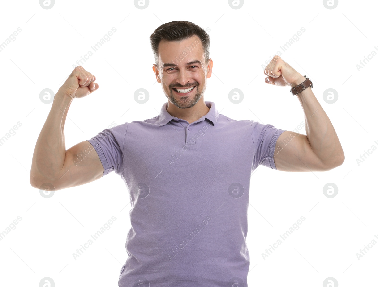 Photo of Happy winner showing his biceps on white background