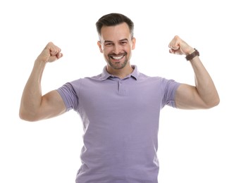 Photo of Happy winner showing his biceps on white background