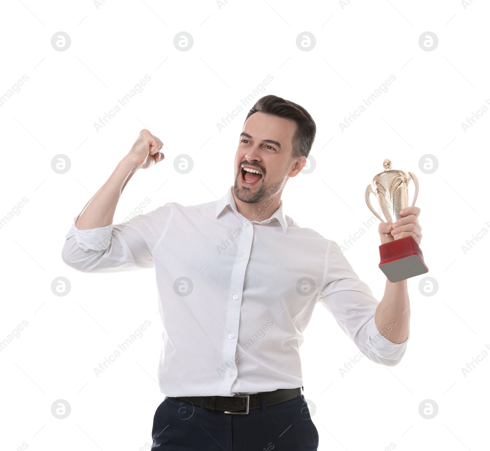 Photo of Happy winner with golden trophy cup on white background