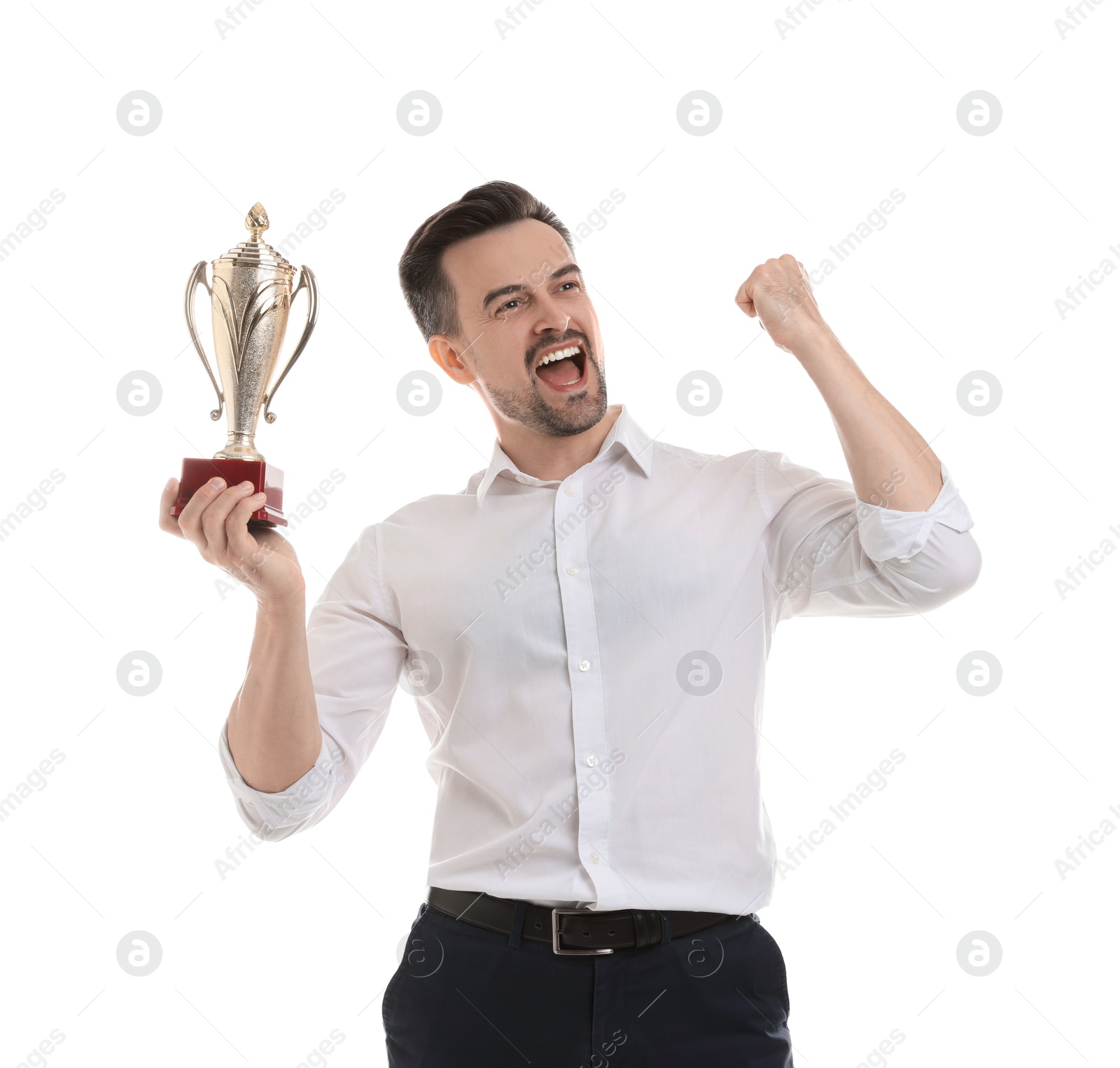 Photo of Happy winner with golden trophy cup on white background