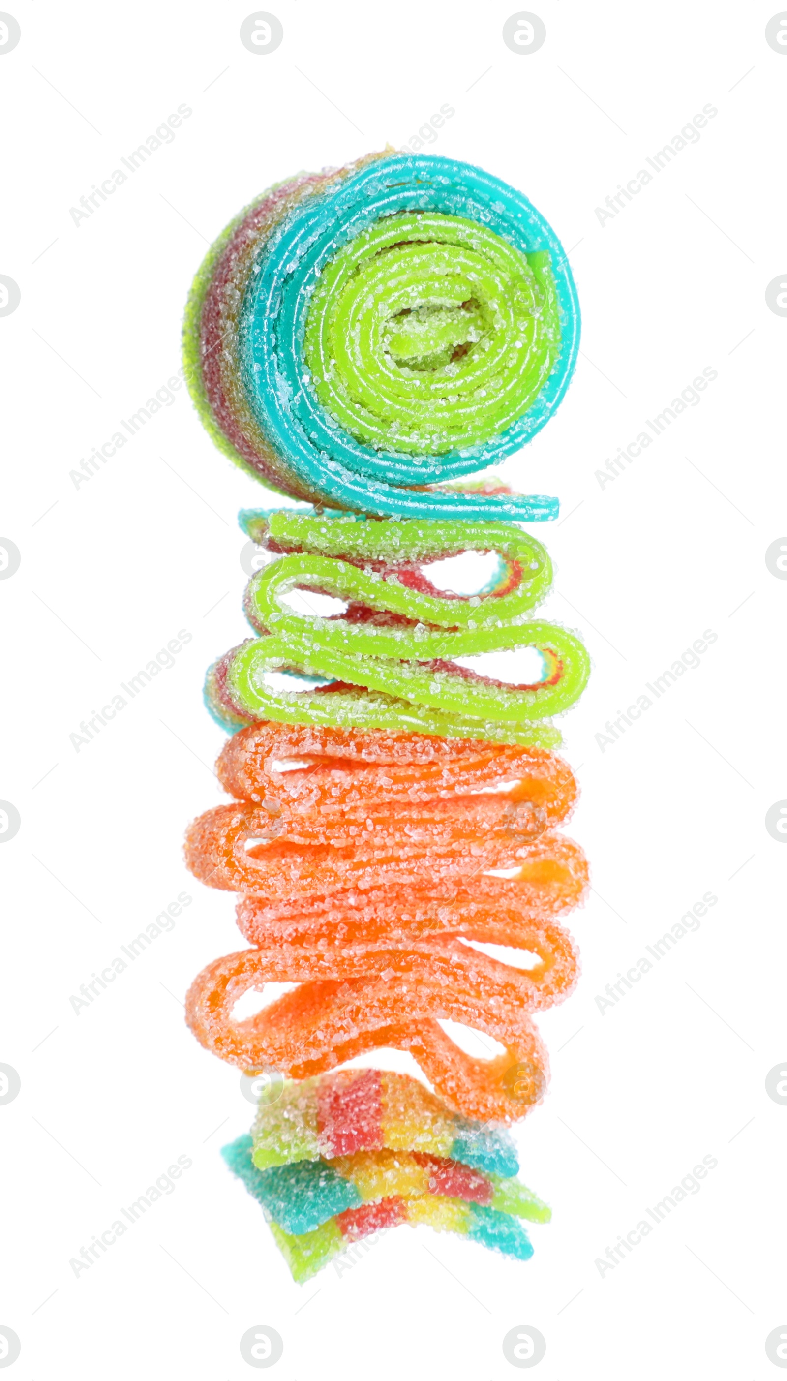 Photo of Tasty rainbow sour belts isolated on white