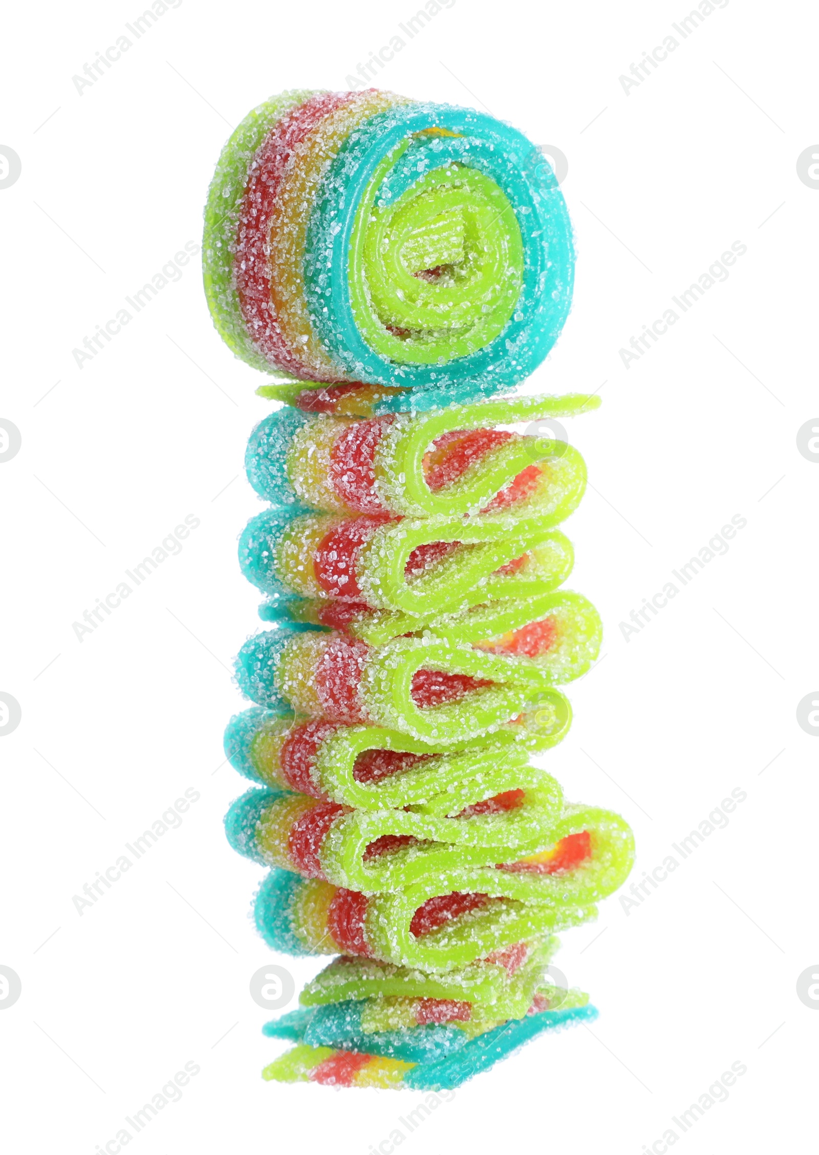 Photo of Tasty rainbow sour belts isolated on white