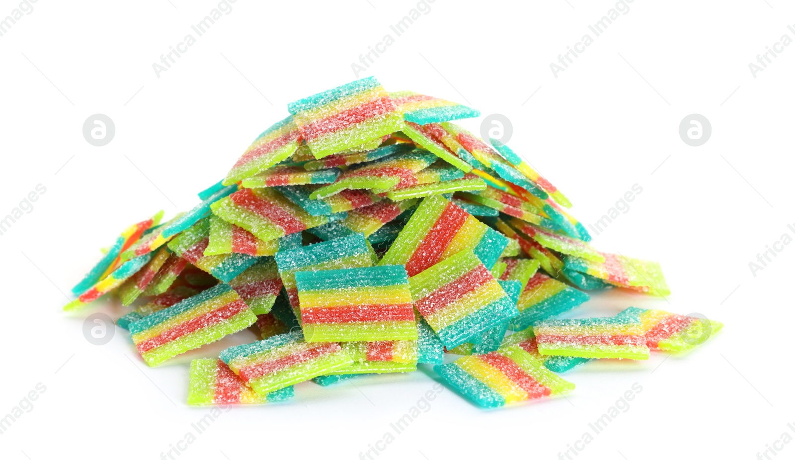 Photo of Tasty rainbow sour belts isolated on white