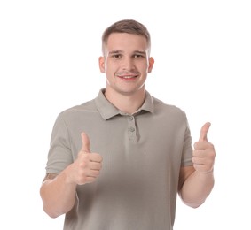 Photo of Happy winner showing thumbs up on white background