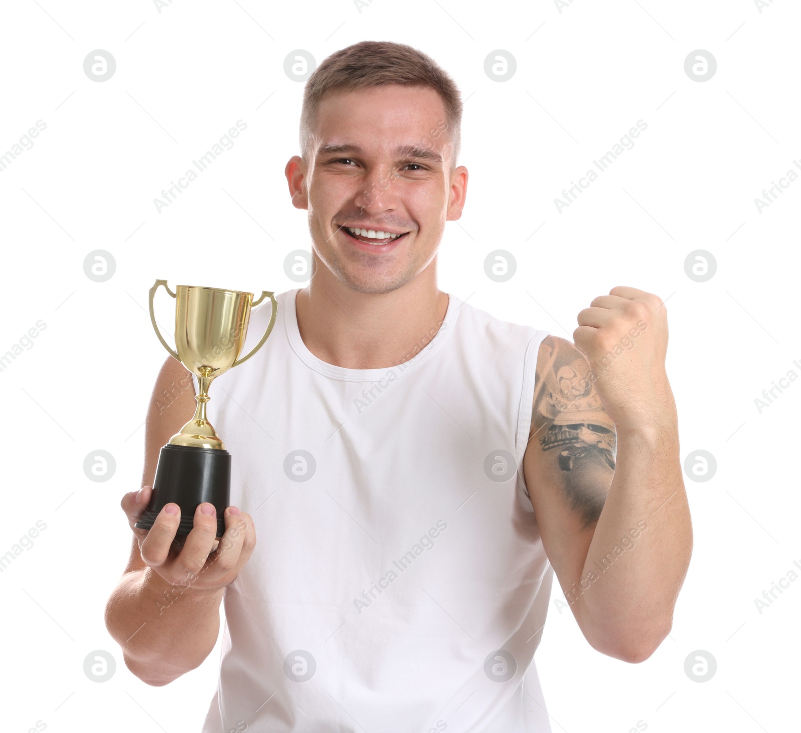 Photo of Happy winner with golden trophy cup on white background