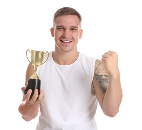 Photo of Happy winner with golden trophy cup on white background