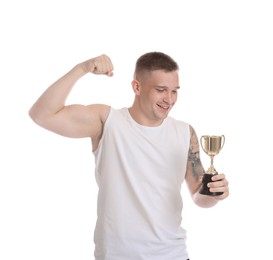 Photo of Happy winner with golden trophy cup showing his bicep on white background