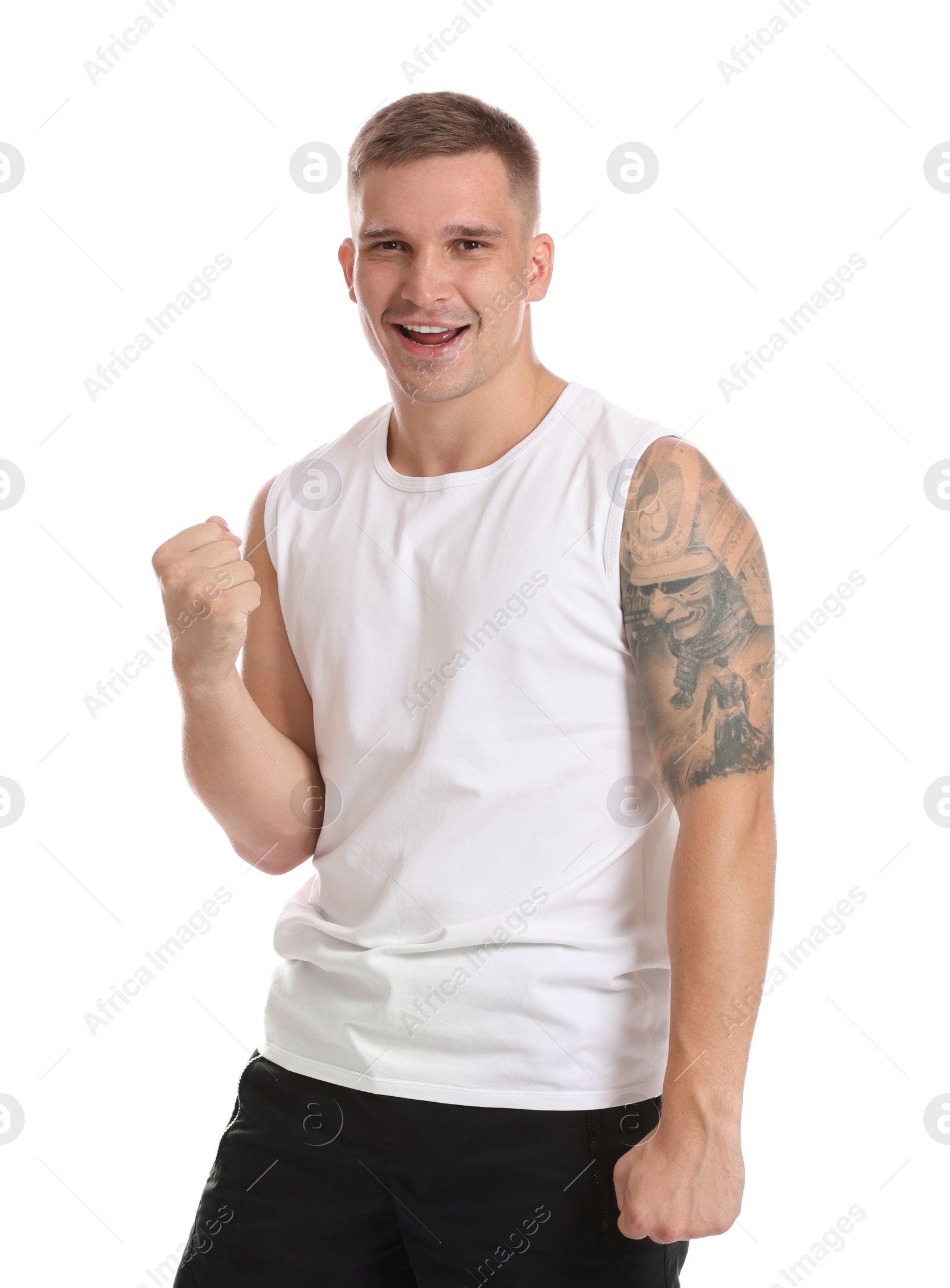 Photo of Portrait of happy winner on white background