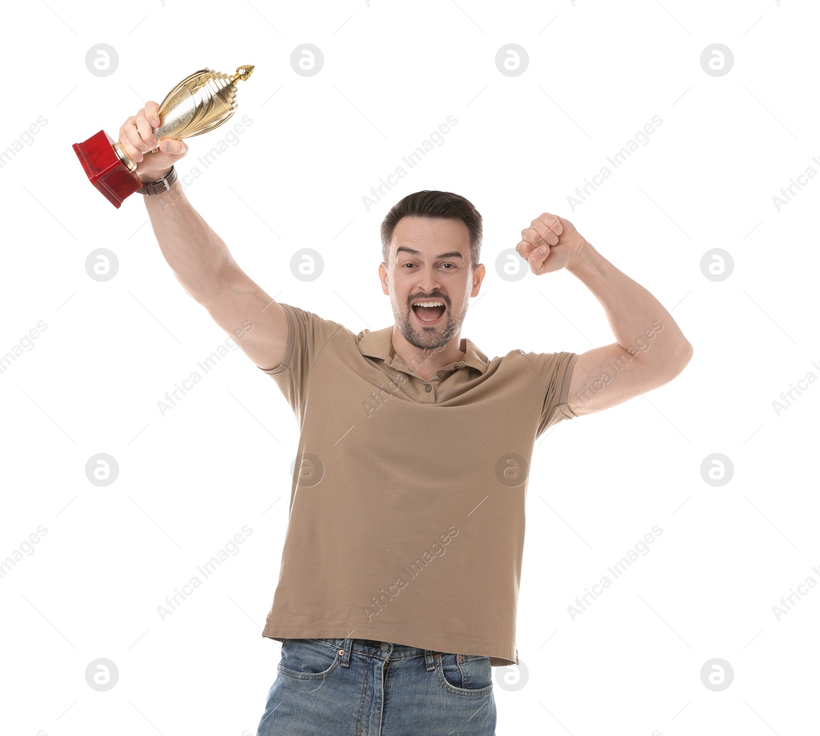 Photo of Happy winner with golden trophy cup on white background