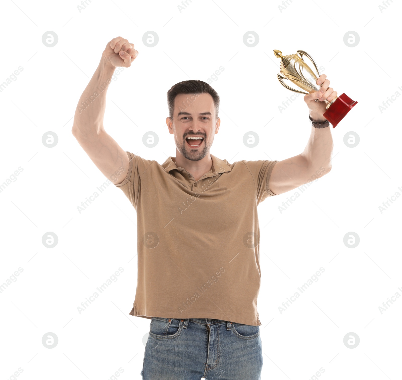 Photo of Happy winner with golden trophy cup on white background