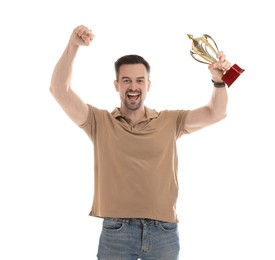 Photo of Happy winner with golden trophy cup on white background