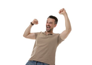 Photo of Portrait of happy winner on white background