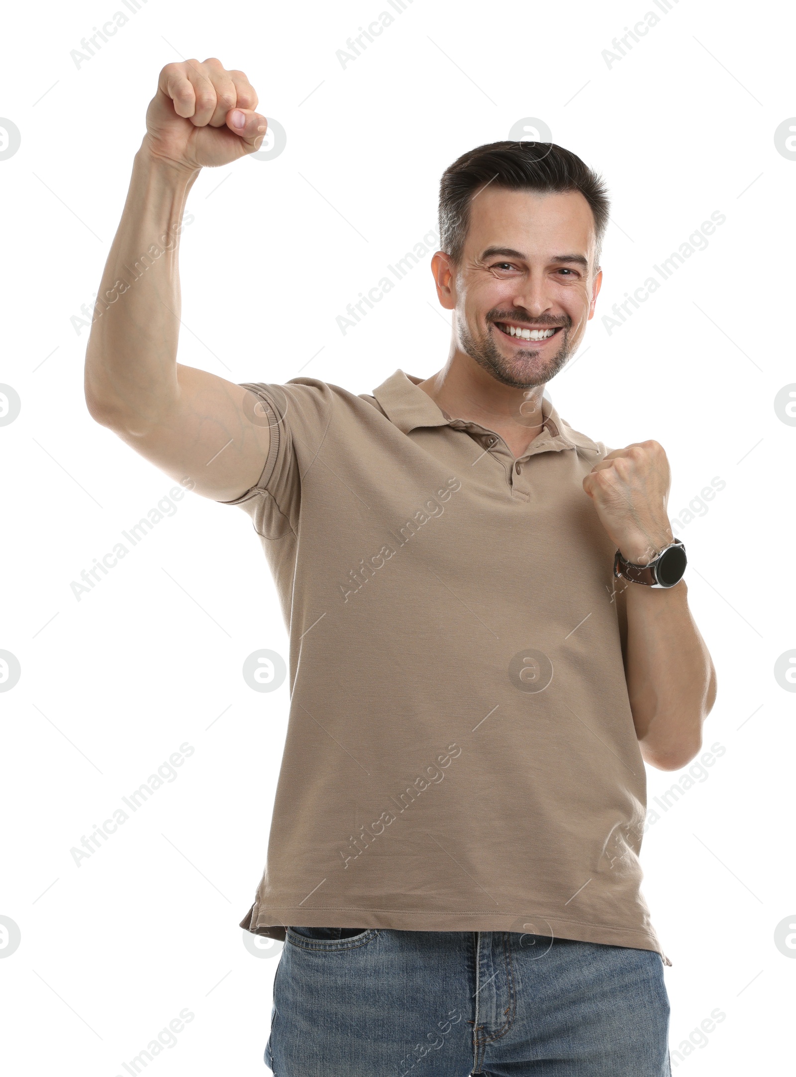 Photo of Portrait of happy winner on white background