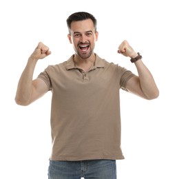 Portrait of happy winner on white background