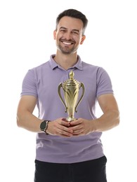 Photo of Happy winner with golden trophy cup on white background