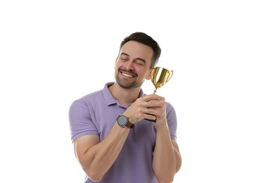 Photo of Happy winner with golden trophy cup on white background