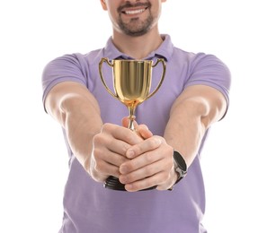 Photo of Winner with golden trophy cup on white background, closeup