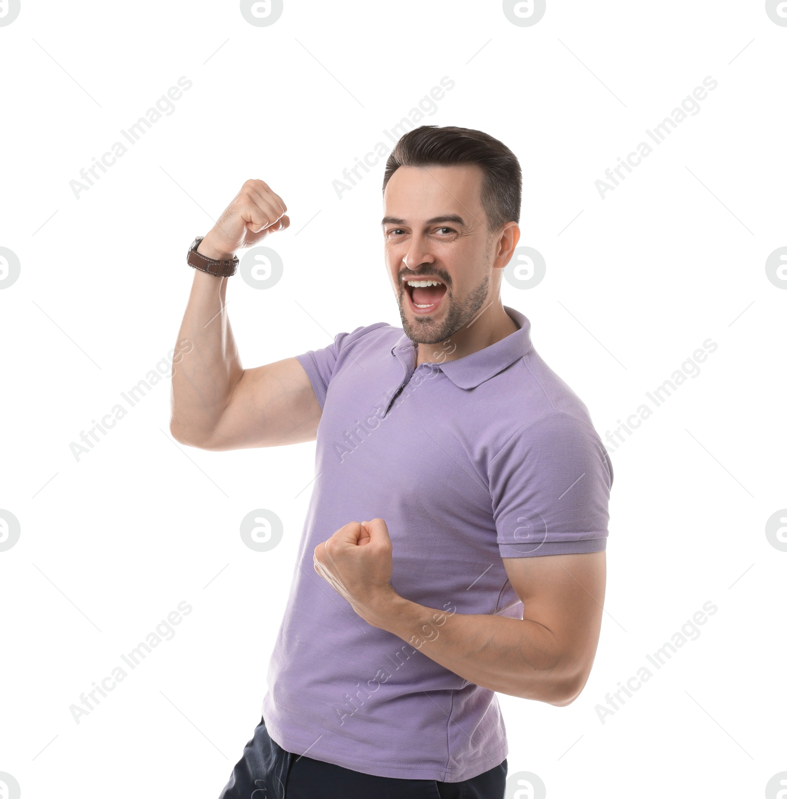 Photo of Portrait of happy winner on white background