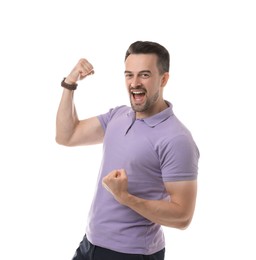 Portrait of happy winner on white background