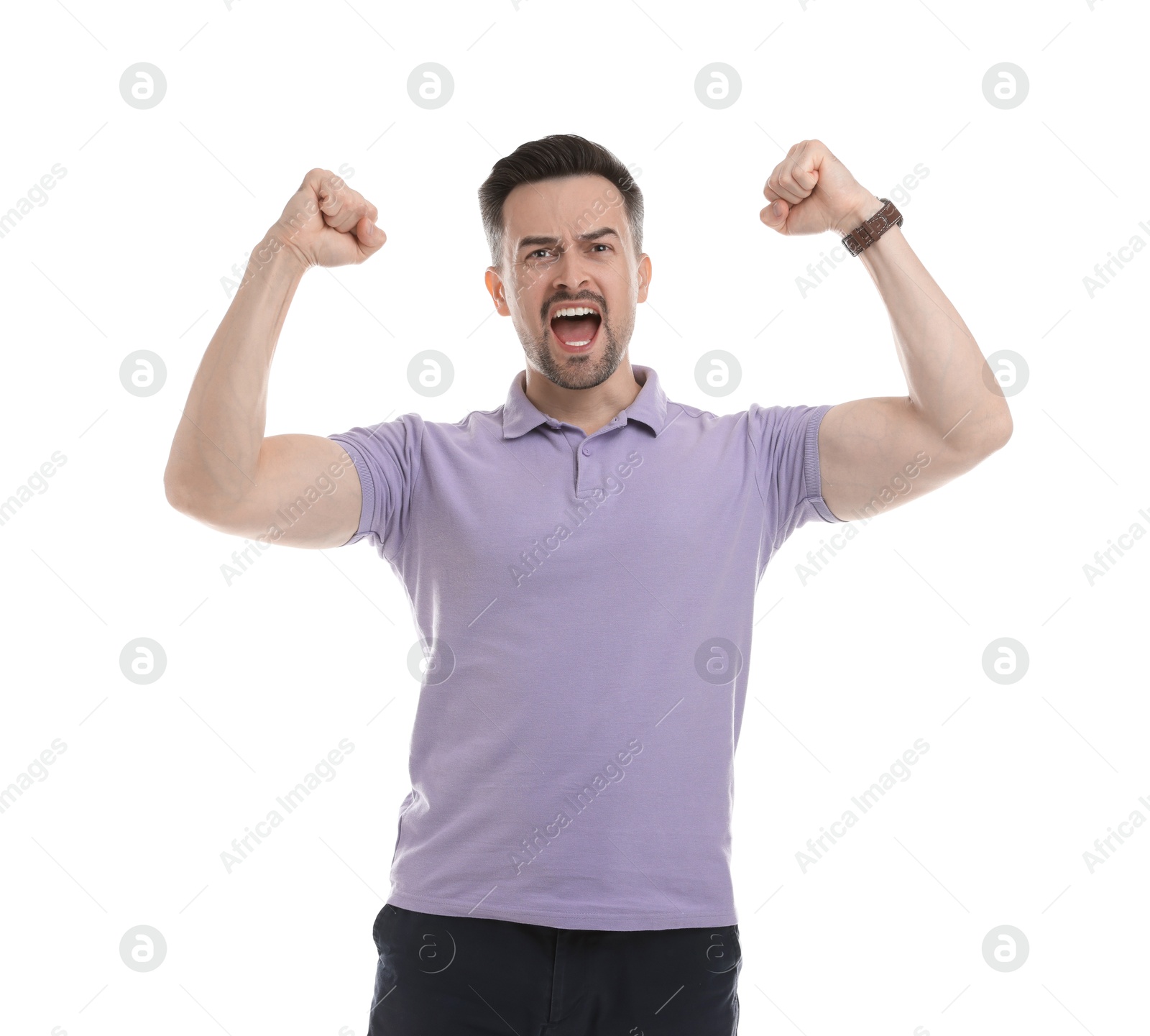 Photo of Portrait of happy winner on white background