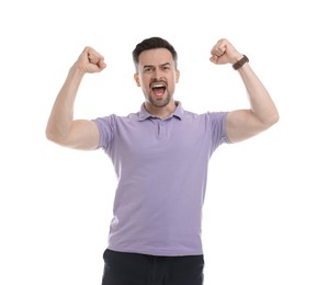 Photo of Portrait of happy winner on white background