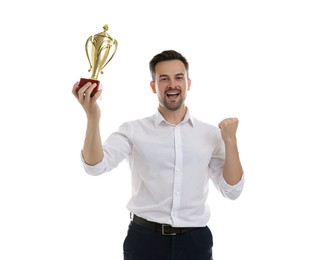 Happy winner with golden trophy cup on white background