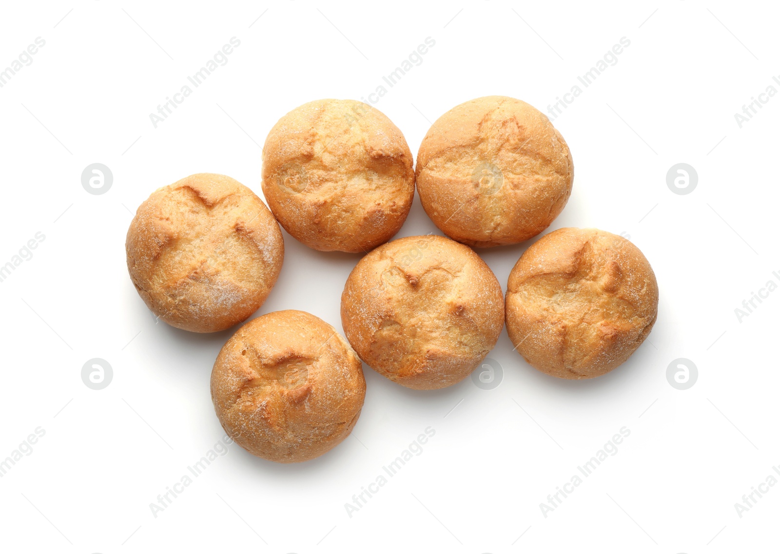 Photo of Homemade tasty buns isolated on white, top view