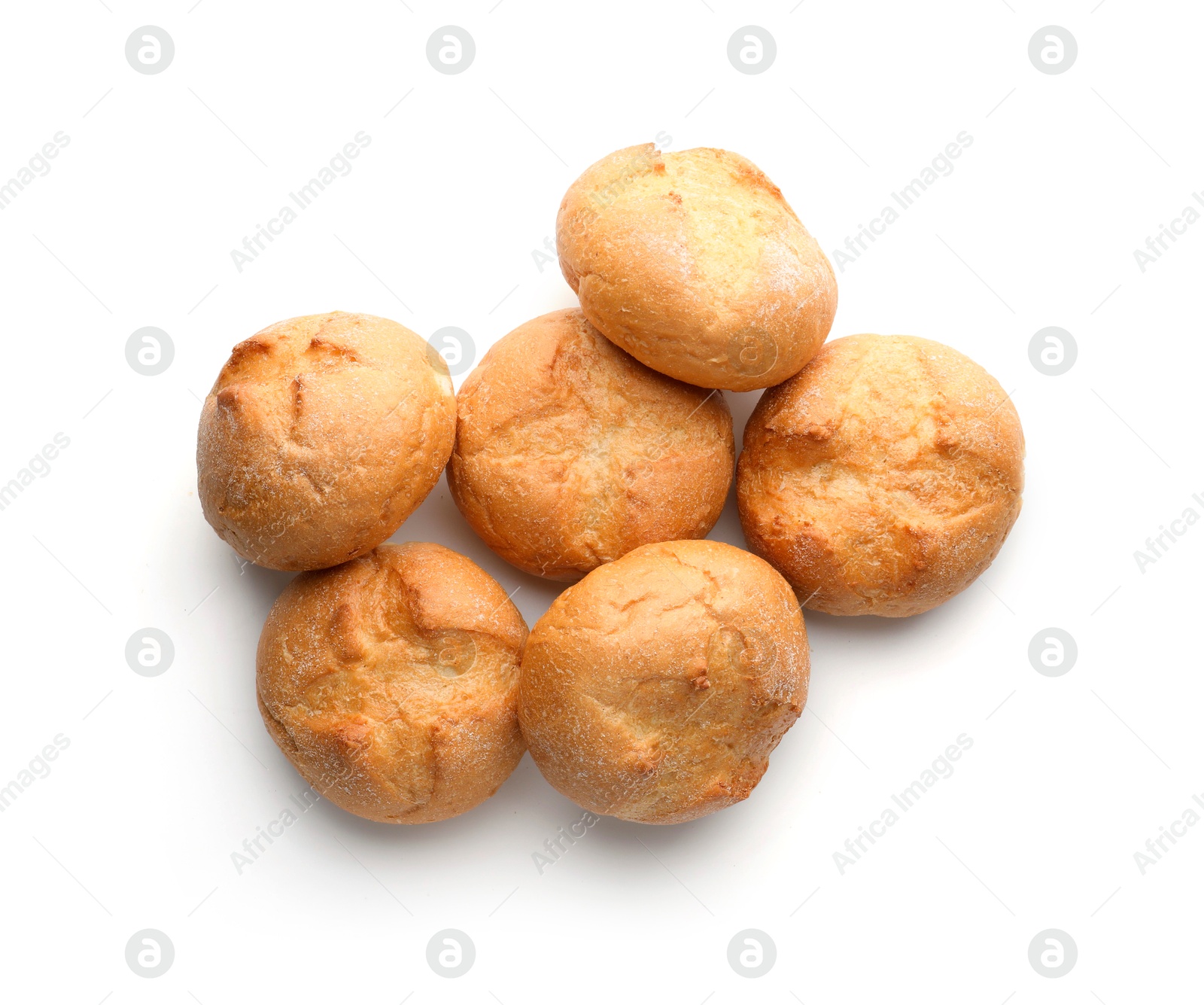 Photo of Homemade tasty buns isolated on white, top view