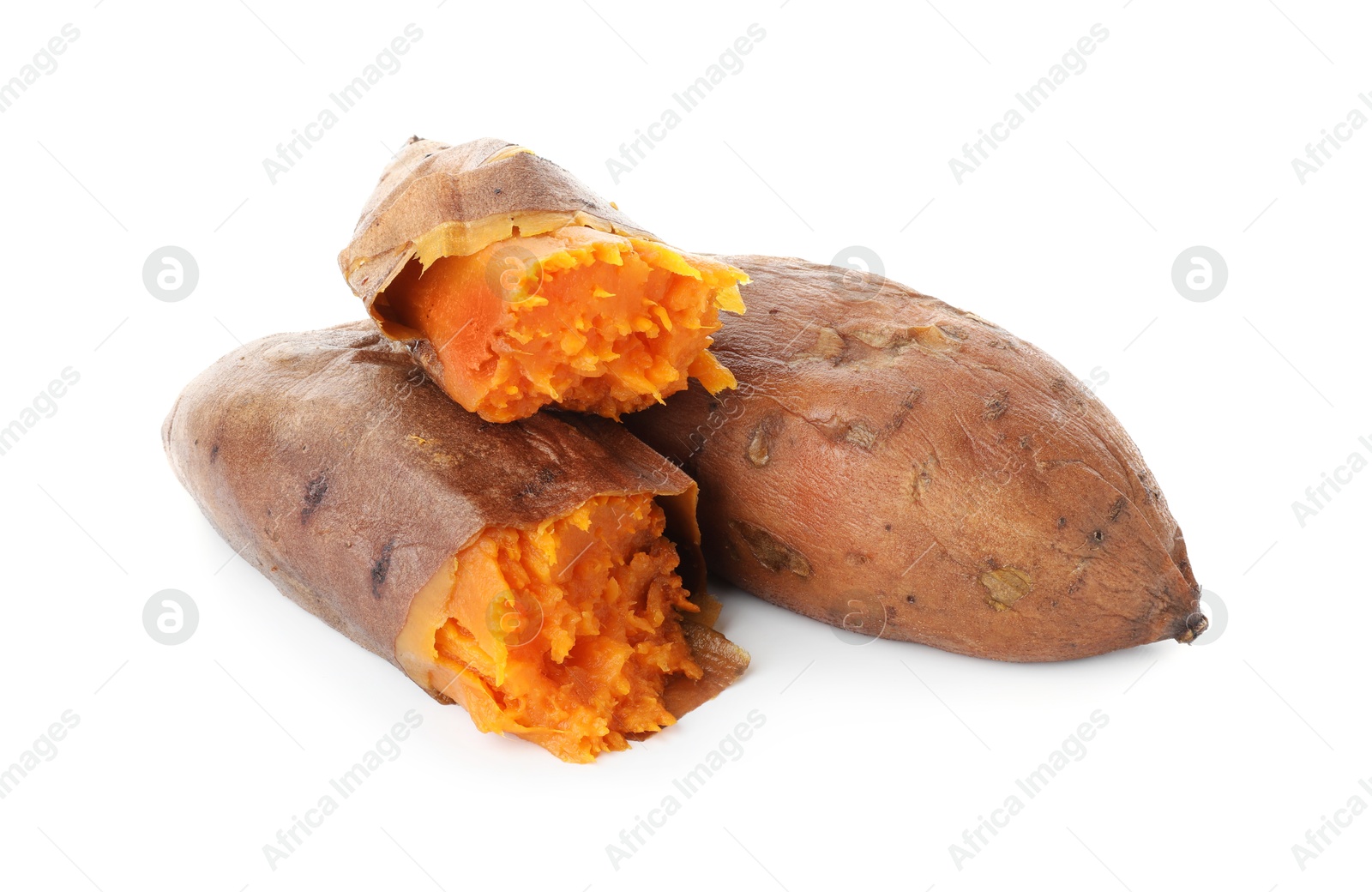 Photo of Tasty cooked sweet potatoes isolated on white