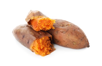 Photo of Tasty cooked sweet potatoes isolated on white