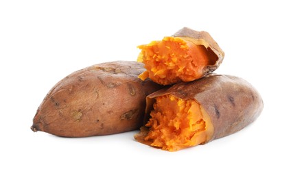 Photo of Tasty cooked sweet potatoes isolated on white