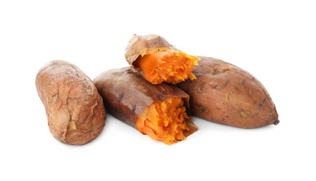 Photo of Tasty cooked sweet potatoes isolated on white