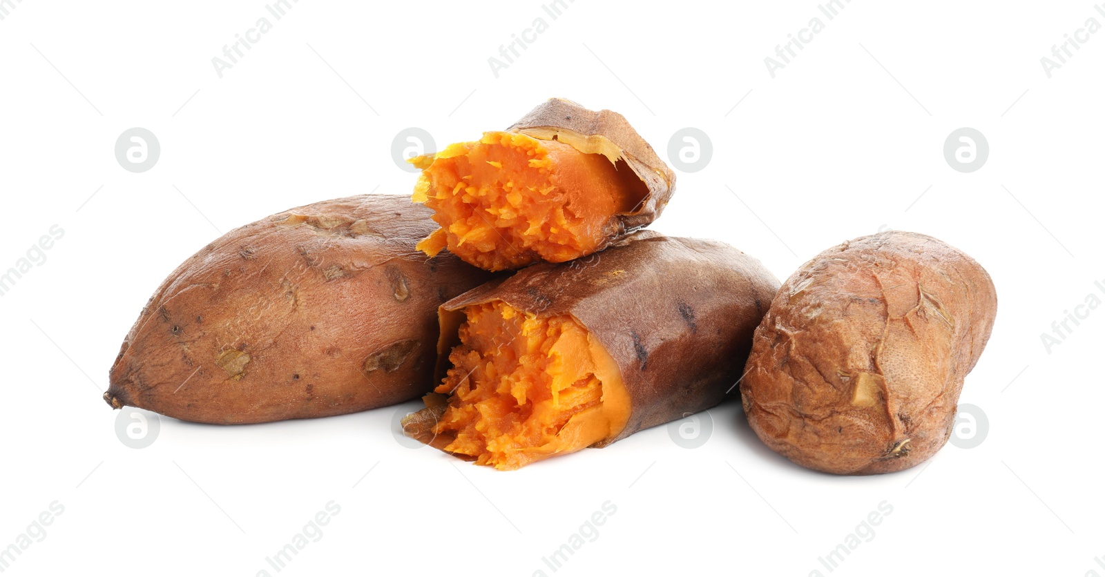 Photo of Tasty cooked sweet potatoes isolated on white