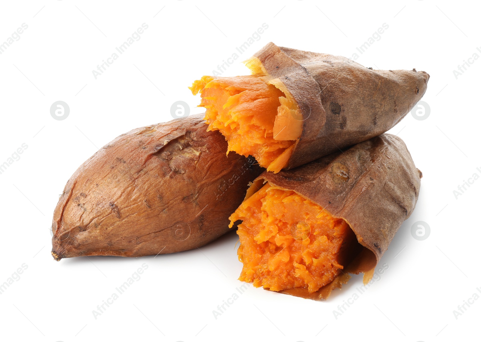 Photo of Tasty cooked sweet potatoes isolated on white