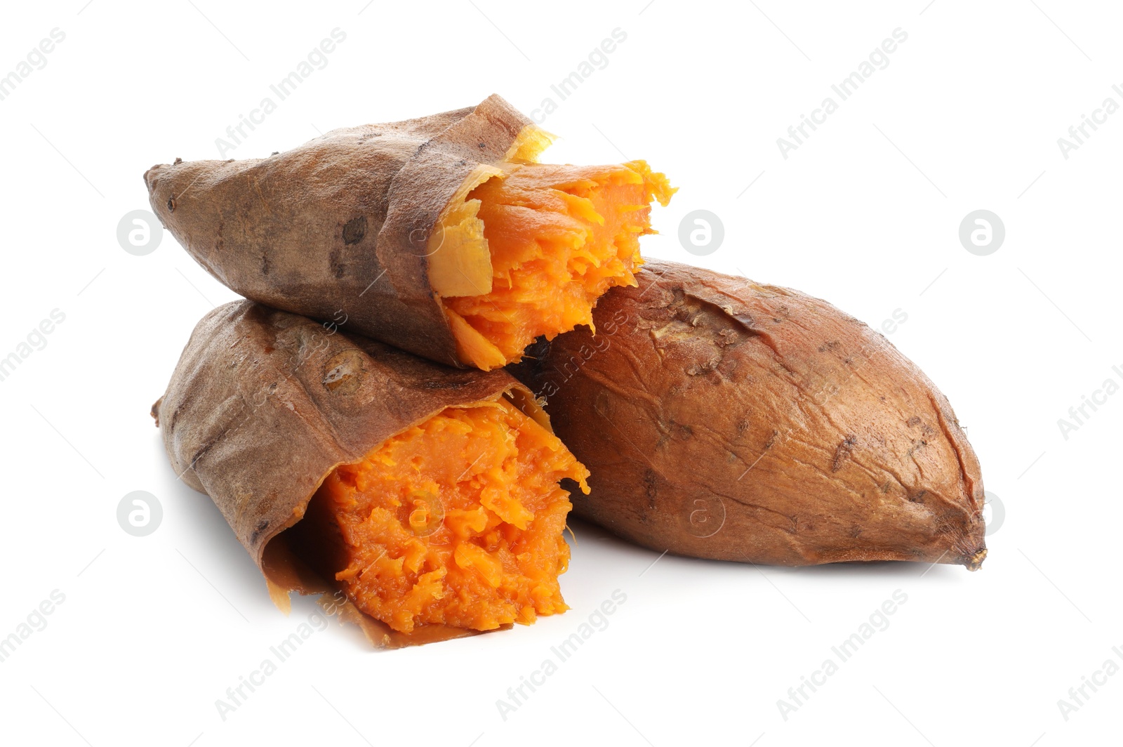 Photo of Tasty cooked sweet potatoes isolated on white