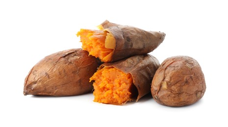 Photo of Tasty cooked sweet potatoes isolated on white