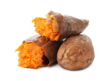 Photo of Tasty cooked sweet potatoes isolated on white