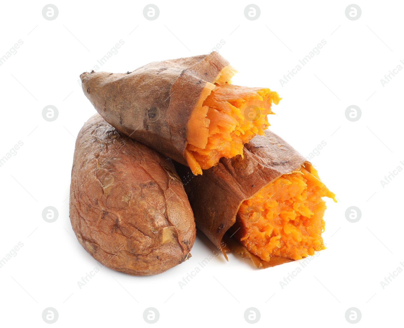 Photo of Tasty cooked sweet potatoes isolated on white