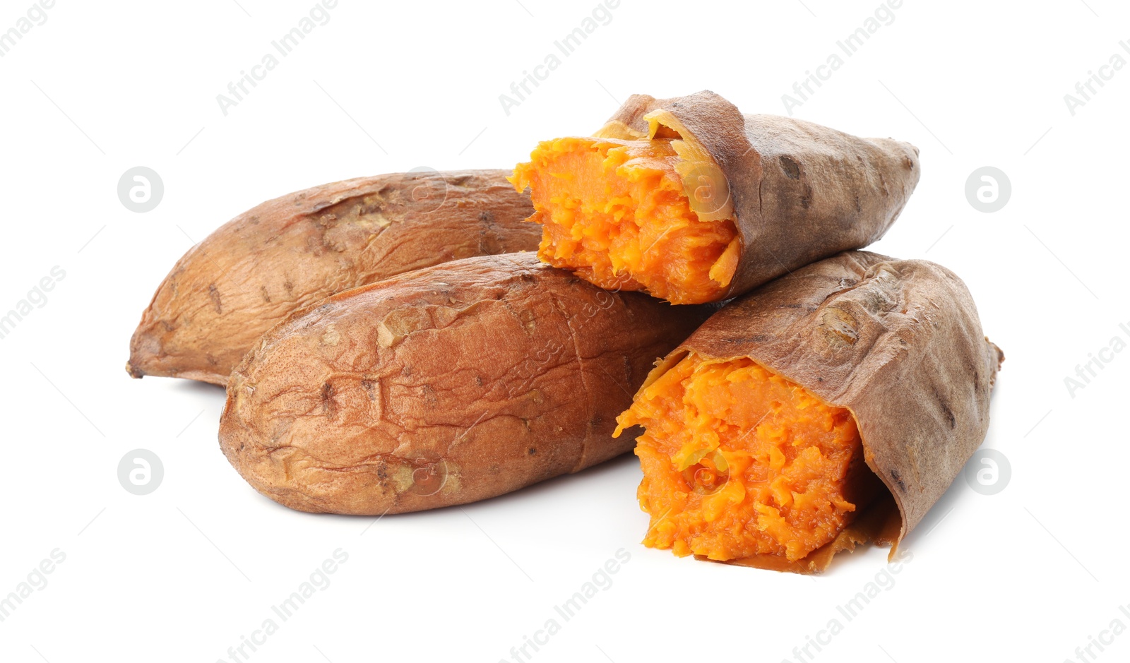 Photo of Tasty cooked sweet potatoes isolated on white