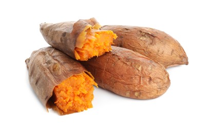 Photo of Tasty cooked sweet potatoes isolated on white