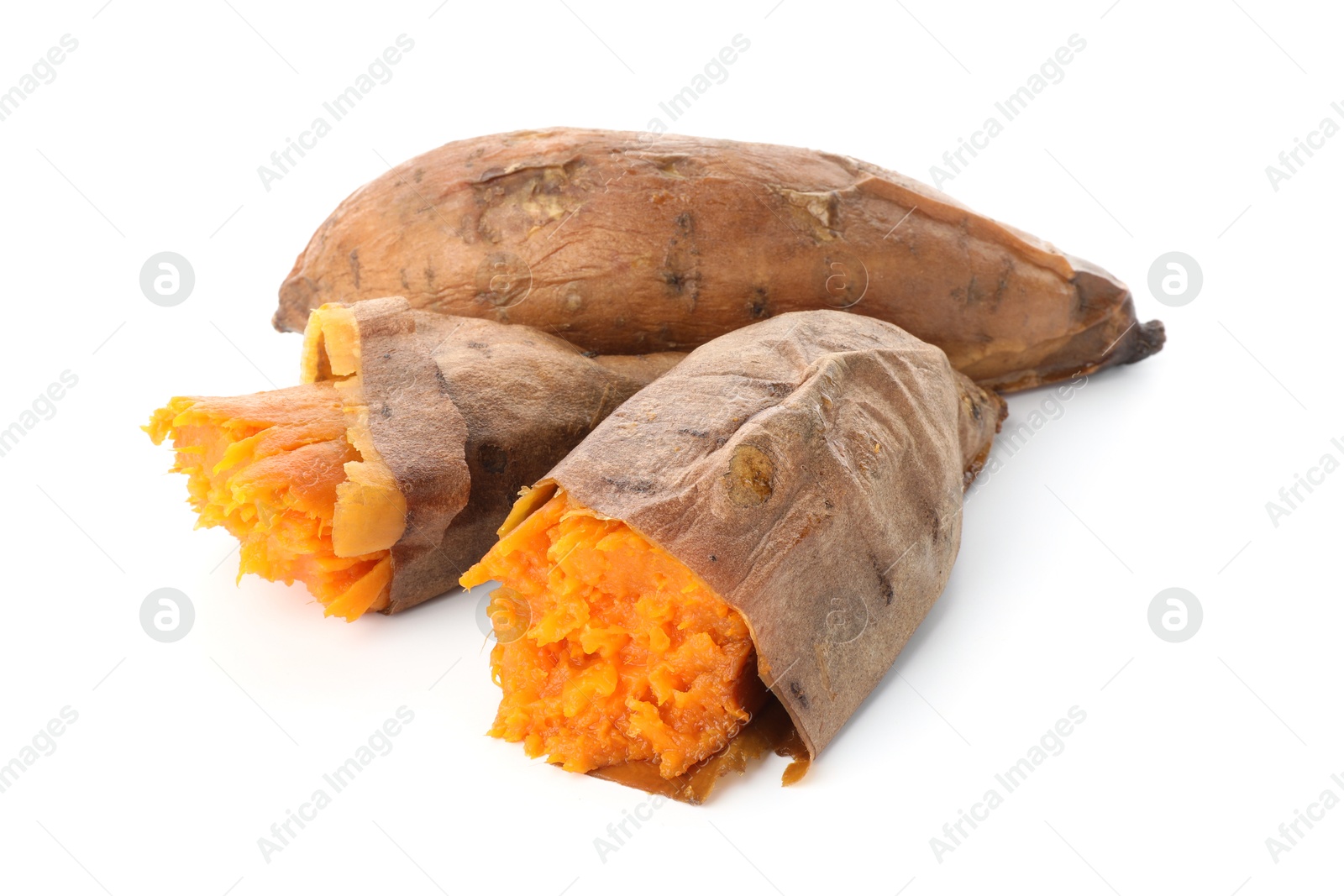 Photo of Tasty cooked sweet potatoes isolated on white