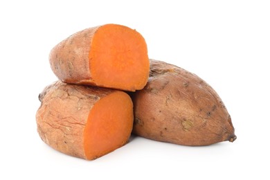 Photo of Tasty cooked sweet potatoes isolated on white