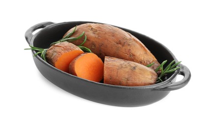 Photo of Tasty cooked sweet potatoes and rosemary isolated on white