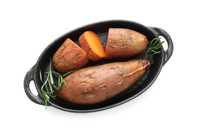 Photo of Tasty cooked sweet potatoes and rosemary isolated on white, top view